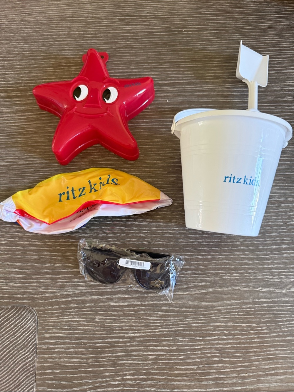 New Ritz Kids White Beach Pail with Red Star Sand Mold sunglasses beach ball
